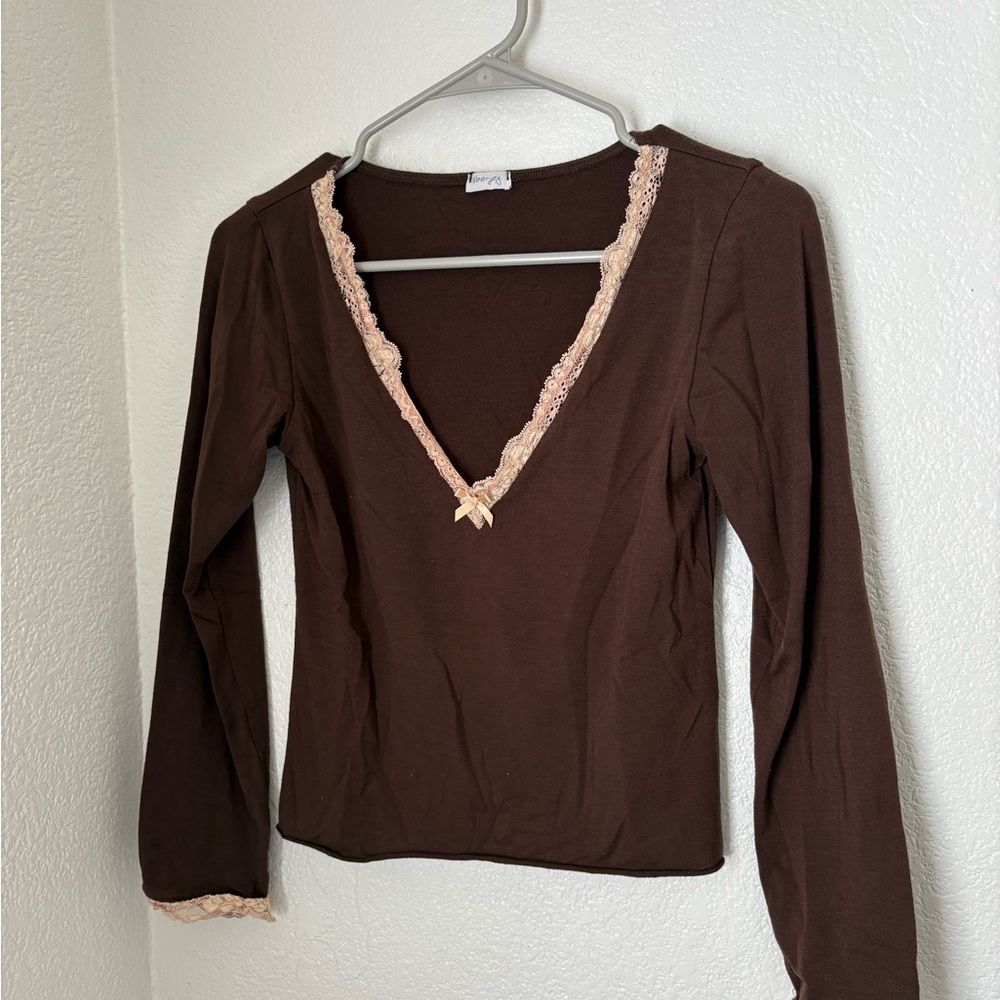 Eberjey Chocolate Brown V-Neck Lace Blouse